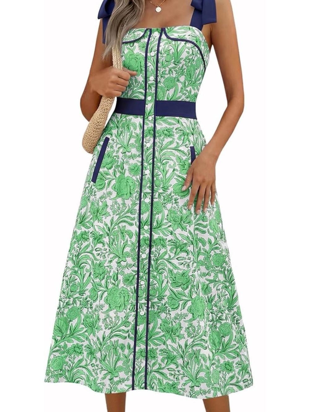 Green Floral Tie-Shoulder Midi Dress with Navy Accents